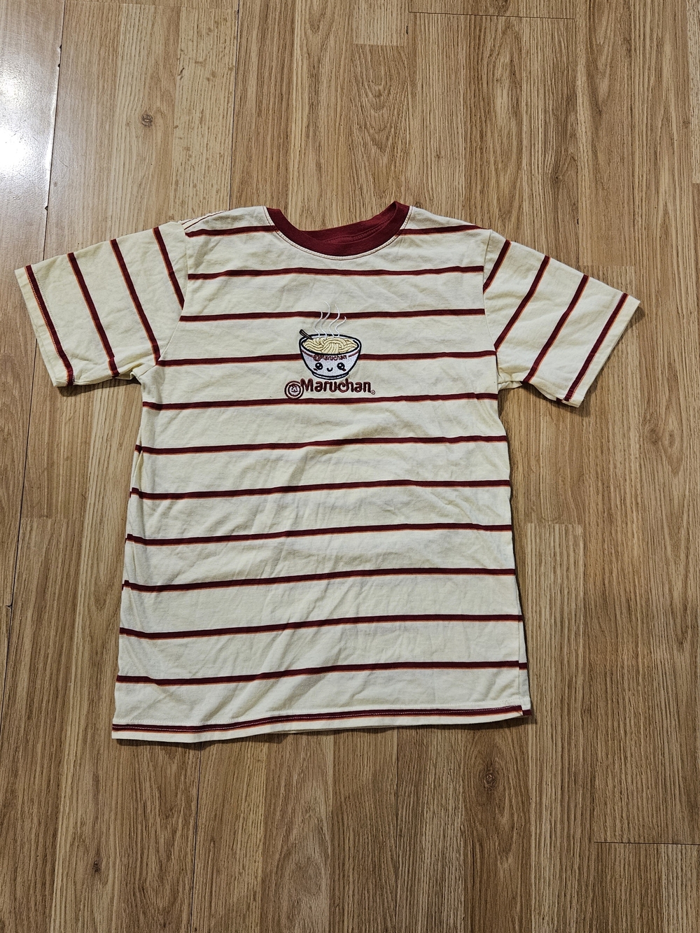 Maruchan Cream & Red Striped Ramen Tee W/ Embroidered Logo  Size Child L